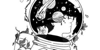 Силуэт космонавт и цветы