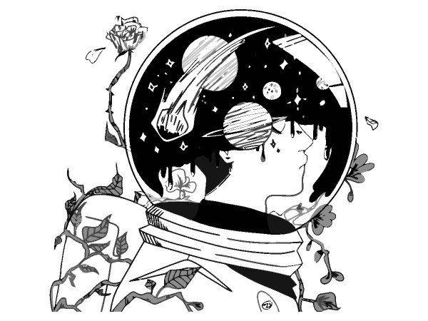 Силуэт космонавт и цветы